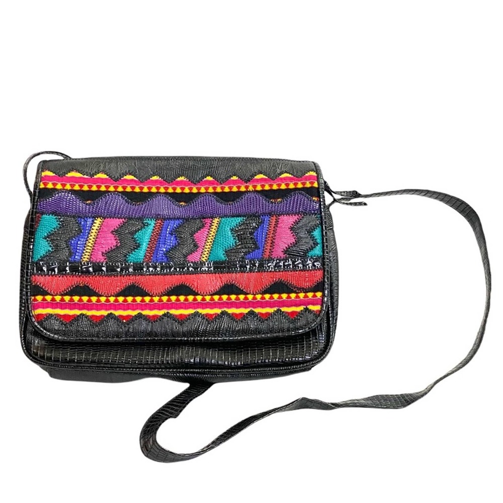 Vintage Accessory Works Multicolor Color Block Black Faux Leather Crossbody Bag